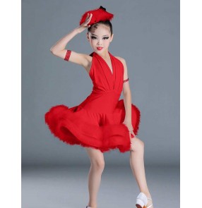 Red Feather latin dance dresses for girls kids children salsa rumba chacha solo concert ballroom dancing costumes modern dance skirts for kids